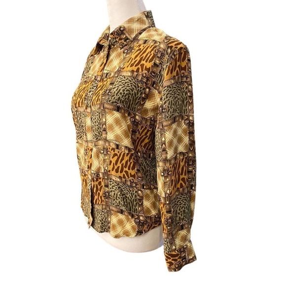 VTG Allison Taylor Gray Brown Silk Belt Buckle Animal Print Shirt Blouse Medium - Picture 5 of 8